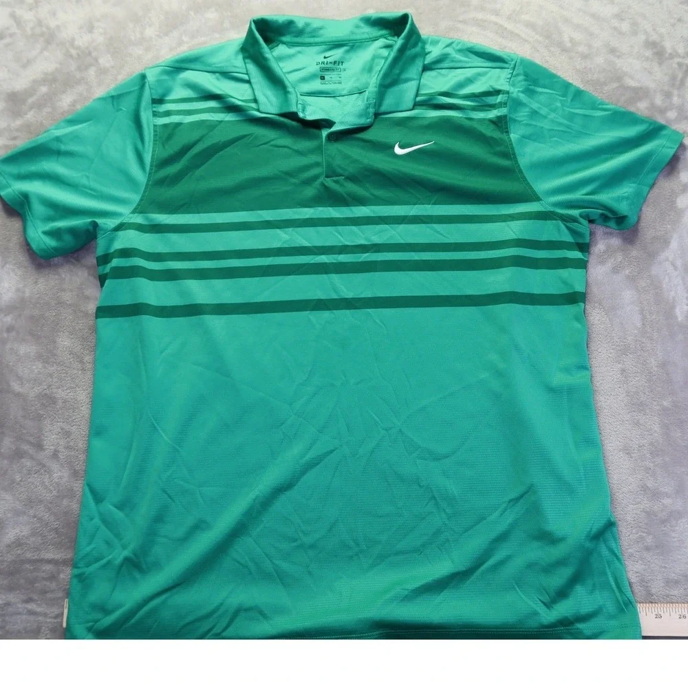 Nike Dri Fit Men's Golf Polo Shirt Emerald‎ Green Striped Short Sleeve XL